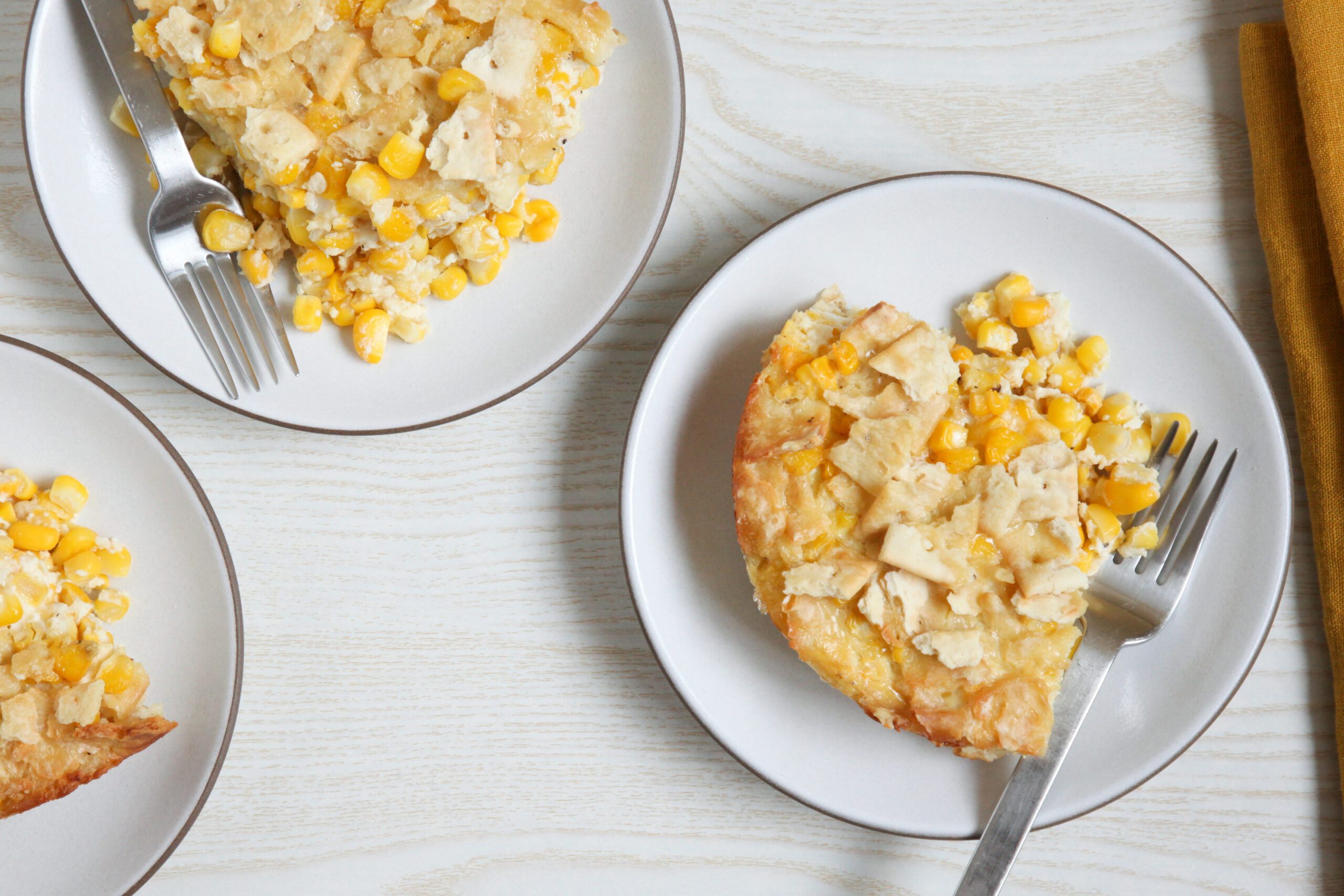 Scalloped corn casserole topped with Saltines