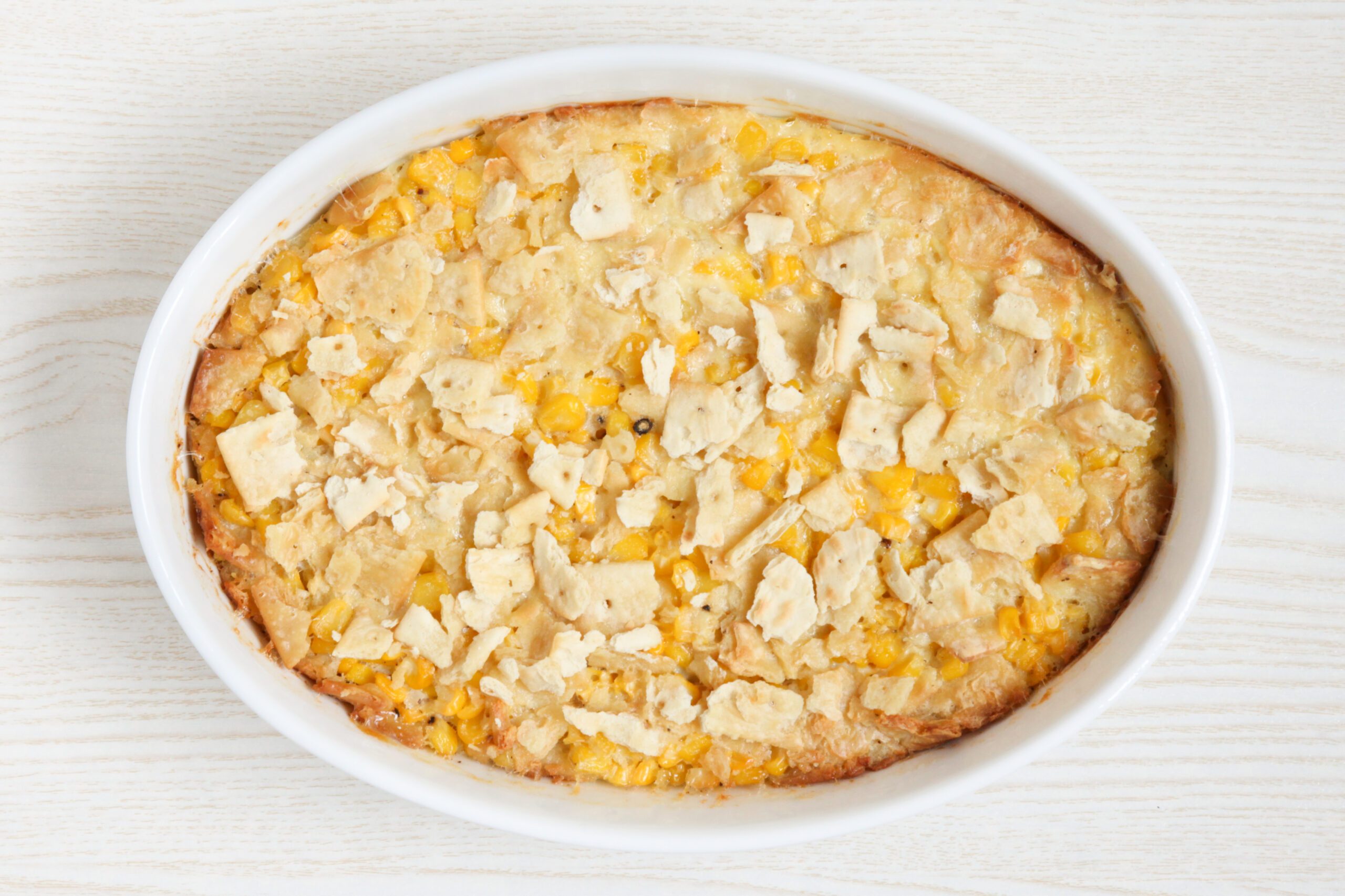 Scalloped corn in a casserole dish