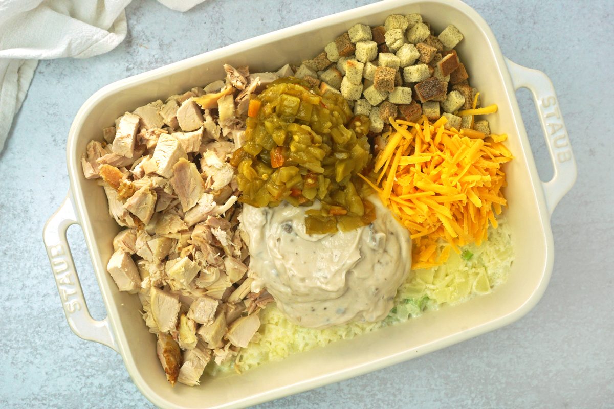 Turkey, green chiles, cheese, and condensed soup in a baking dish to make Turkey Rice Casserole by Taste of Home RMS 17968