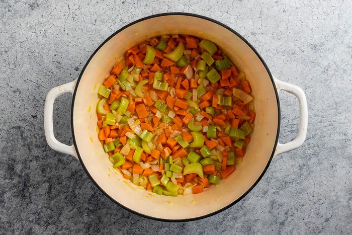 Taste of Home Turkey and Wild Rice recipe photo of the cooked vegetables in the Dutch oven.