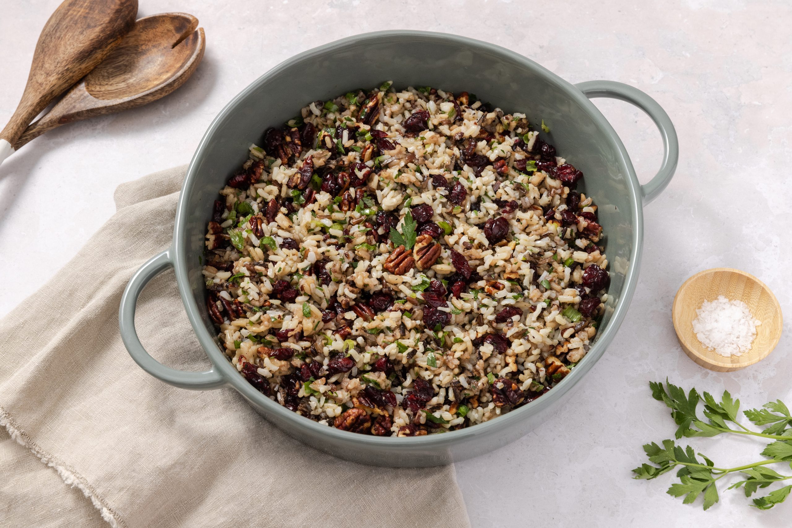 Wild rice salad in ceramic serving bowl.