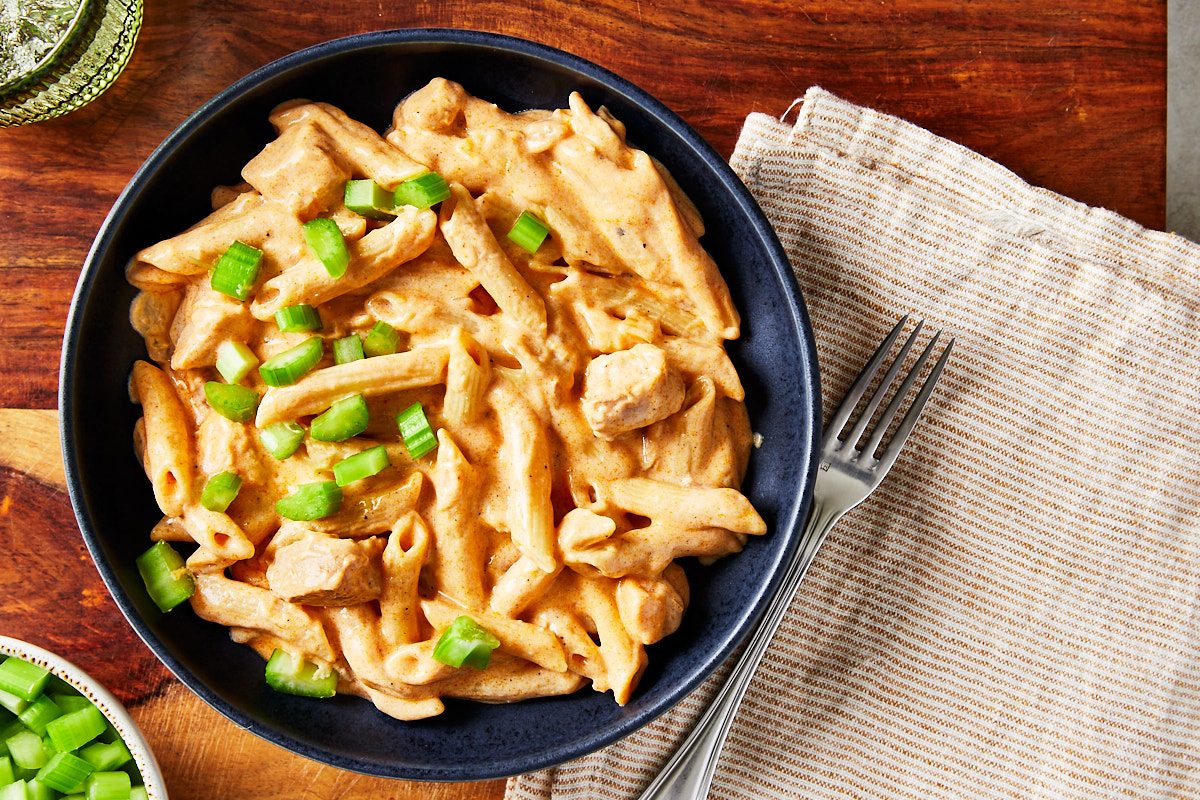 Buffalo Chicken Pasta Hero- pasta in serving dish