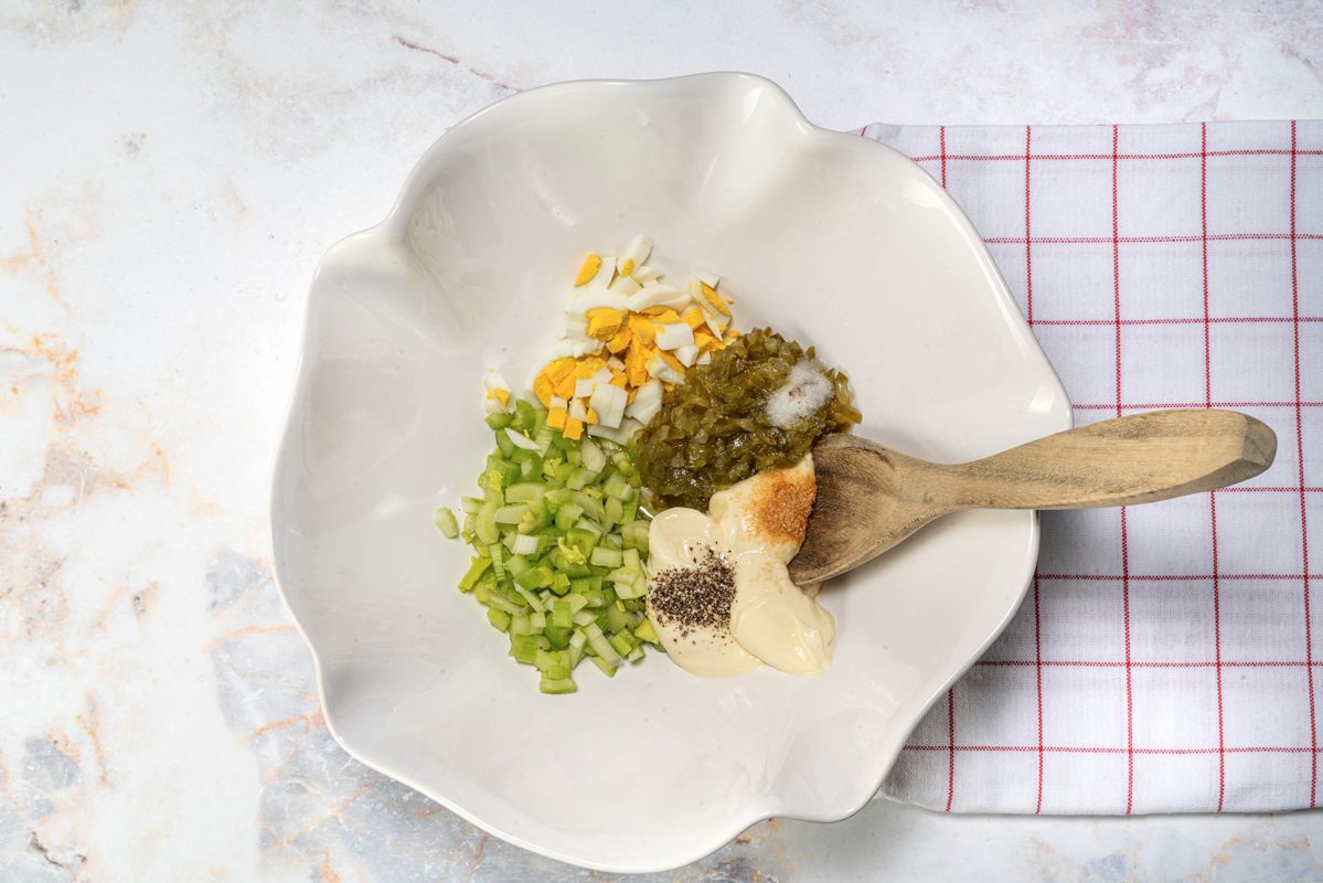 Making the dressing for the chicken salad