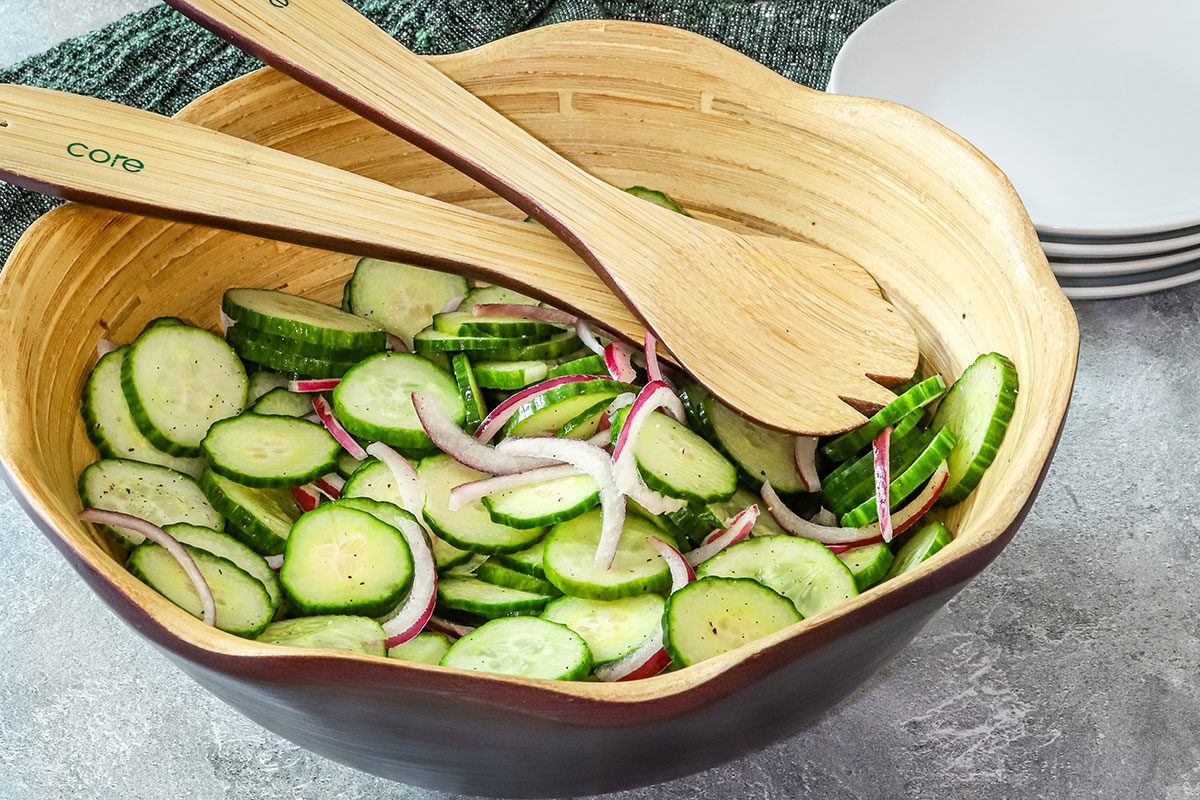 Serving a chilled cucumber and red onion salad.