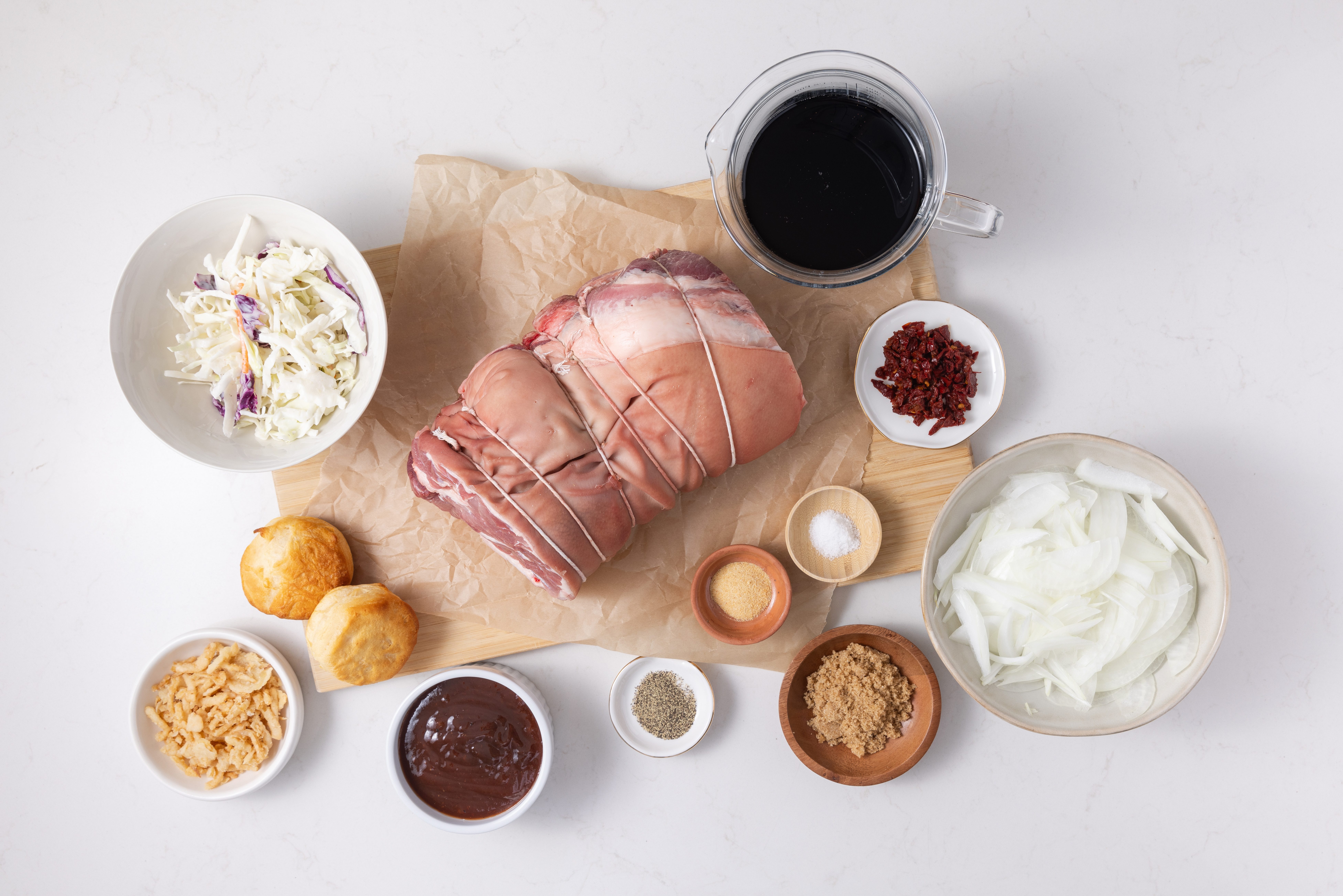 Ingredients for pulled pork on kitchen counter.