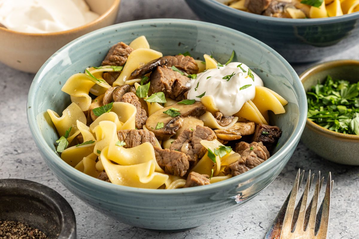 Taste of Home Easy Beef and Noodle recipe photo of the finished recipe served in bowls.