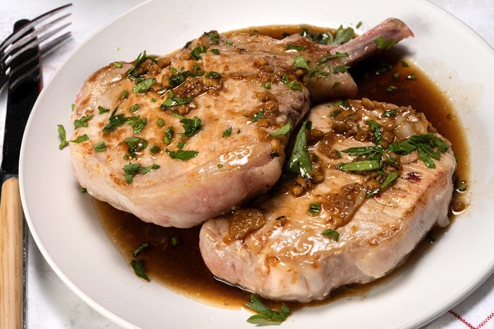 Honey Garlic Pork Chops served