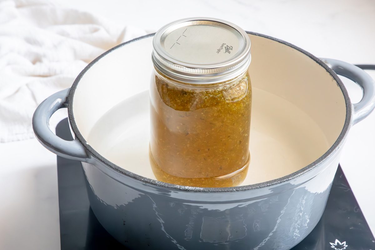 Shot for Taste of Home Jalapeno Jelly in a water bath.