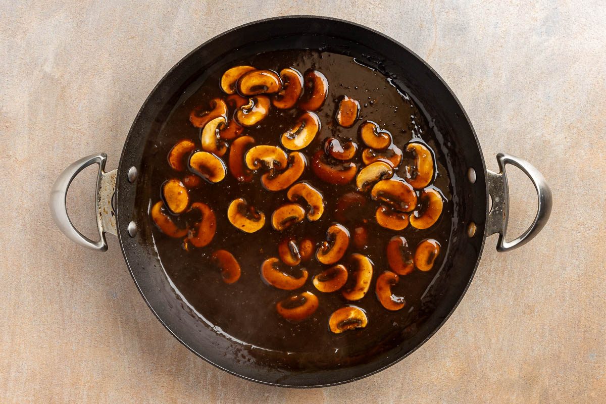 mushroom gravy in a skillet