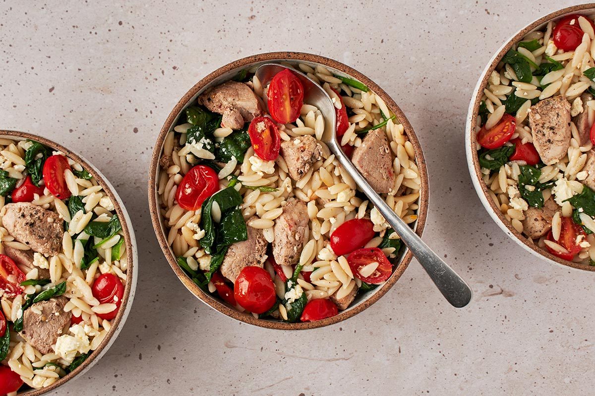 Mediterranean pork and orzo recipe by Taste of Home.