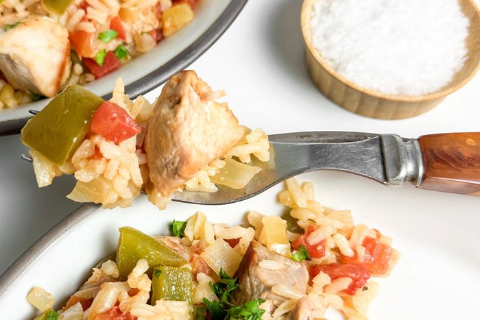 Taste of Home Pork and Rice on ceramic plates