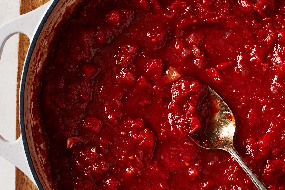 Red Wine Pasta Hero- Close up of sauce in skillet