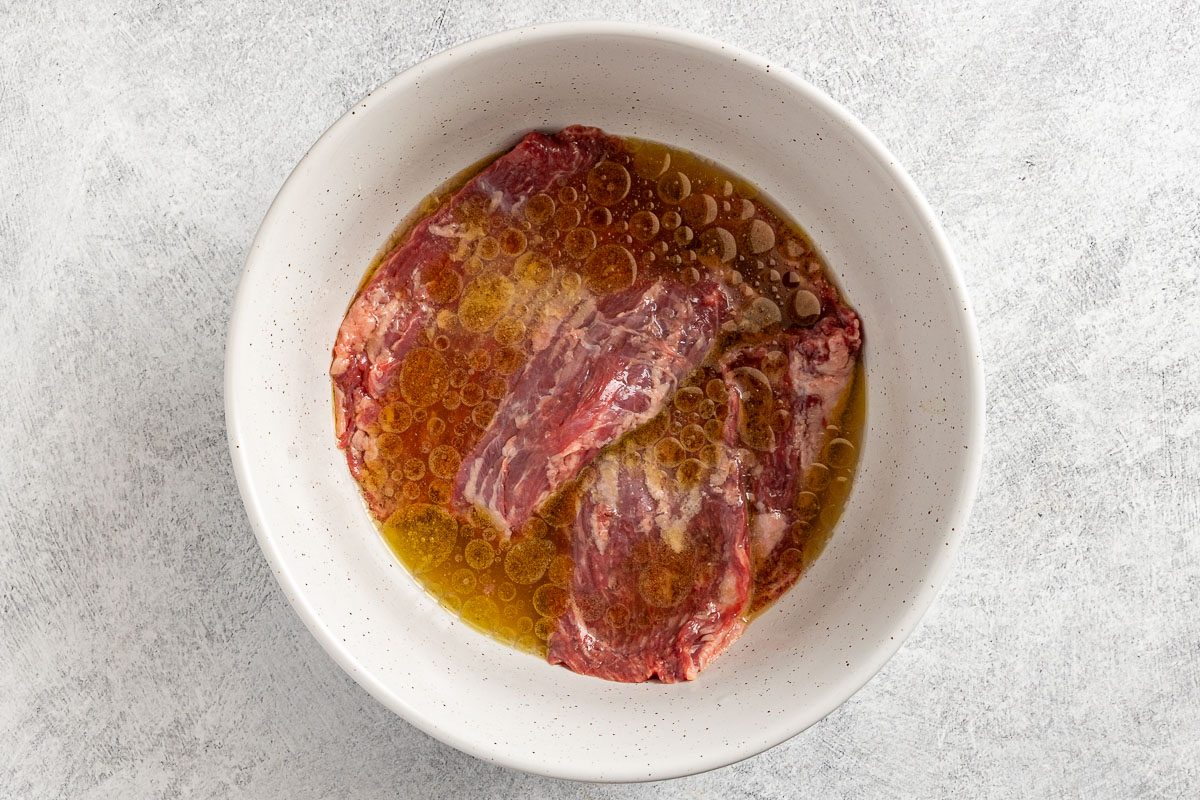 Taste of Home Skirt Steak Tacos recipe photo of marinating the steak.
