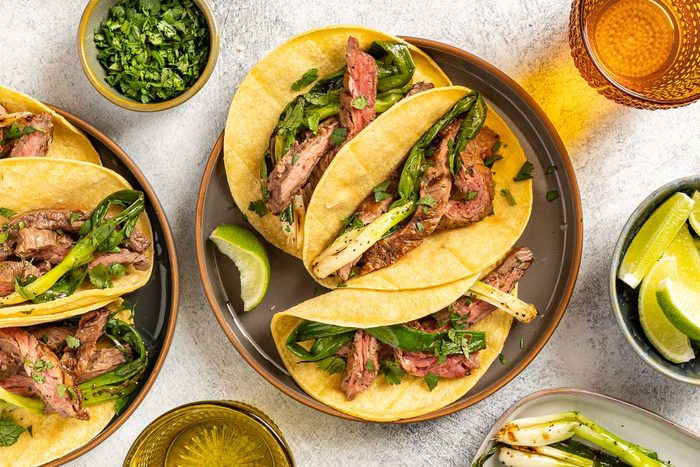 Taste of Home Skirt Steak Tacos recipe photo of the assembled tacos.