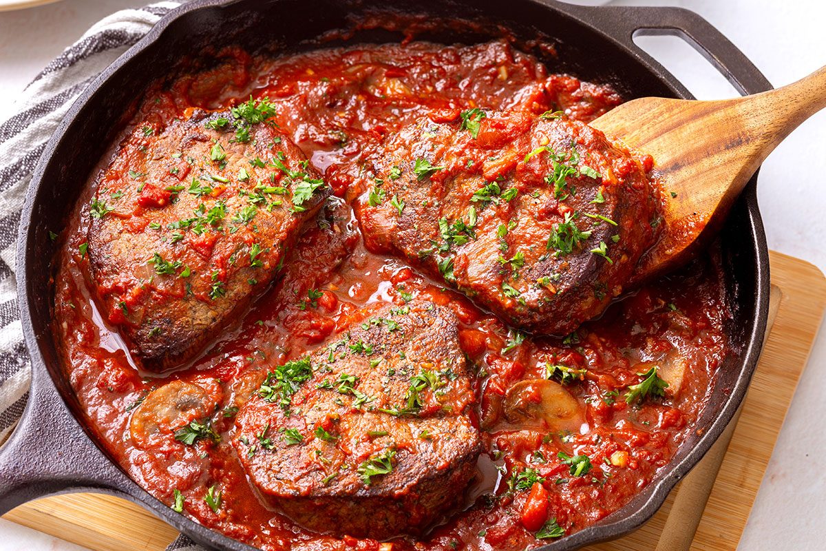 Steak Pizzaiola in a large skillet for Taste of Home