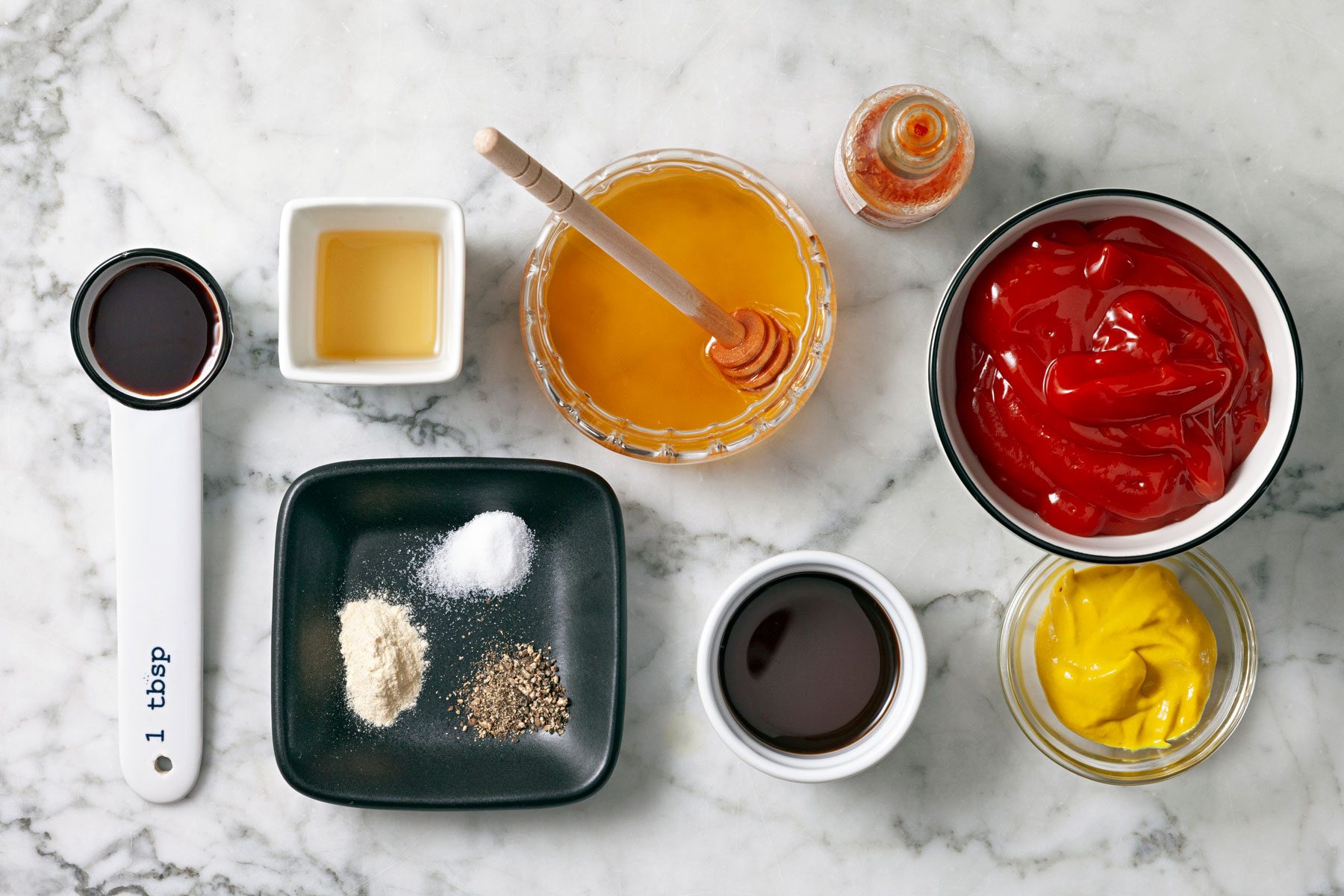 Worcestershire sauce, ketchup, mustard, vinegar, soy sauce, honey and seasonings.