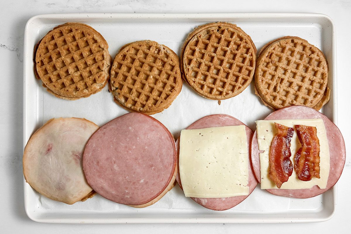 IngrediIngredients for Taste of Home Waffle Sandwich in an enamel trayents For Taste Of Home Waffle Sandwich In An Enamel Tray