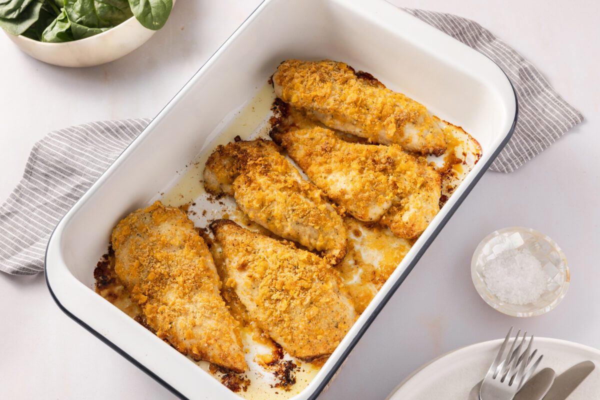 Chicken in baking tray ready to be served.