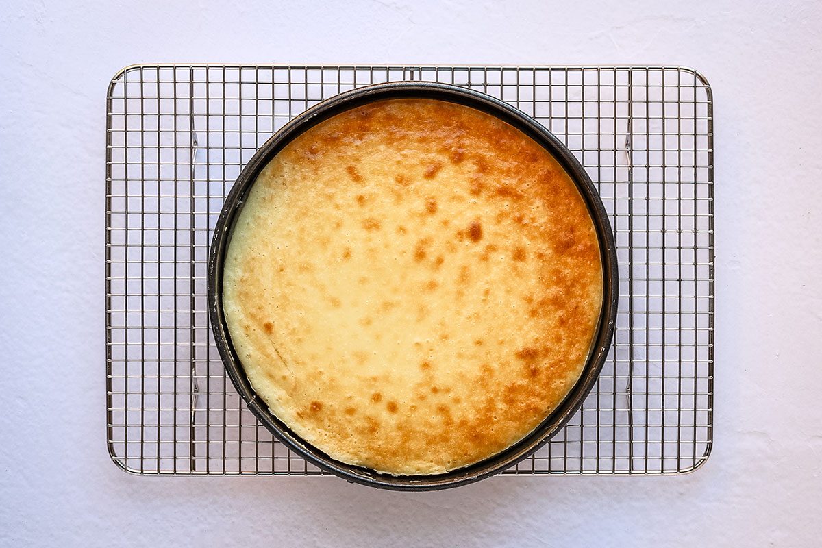 A carrot cake cheesecake, baked and cooling on a wire rack.