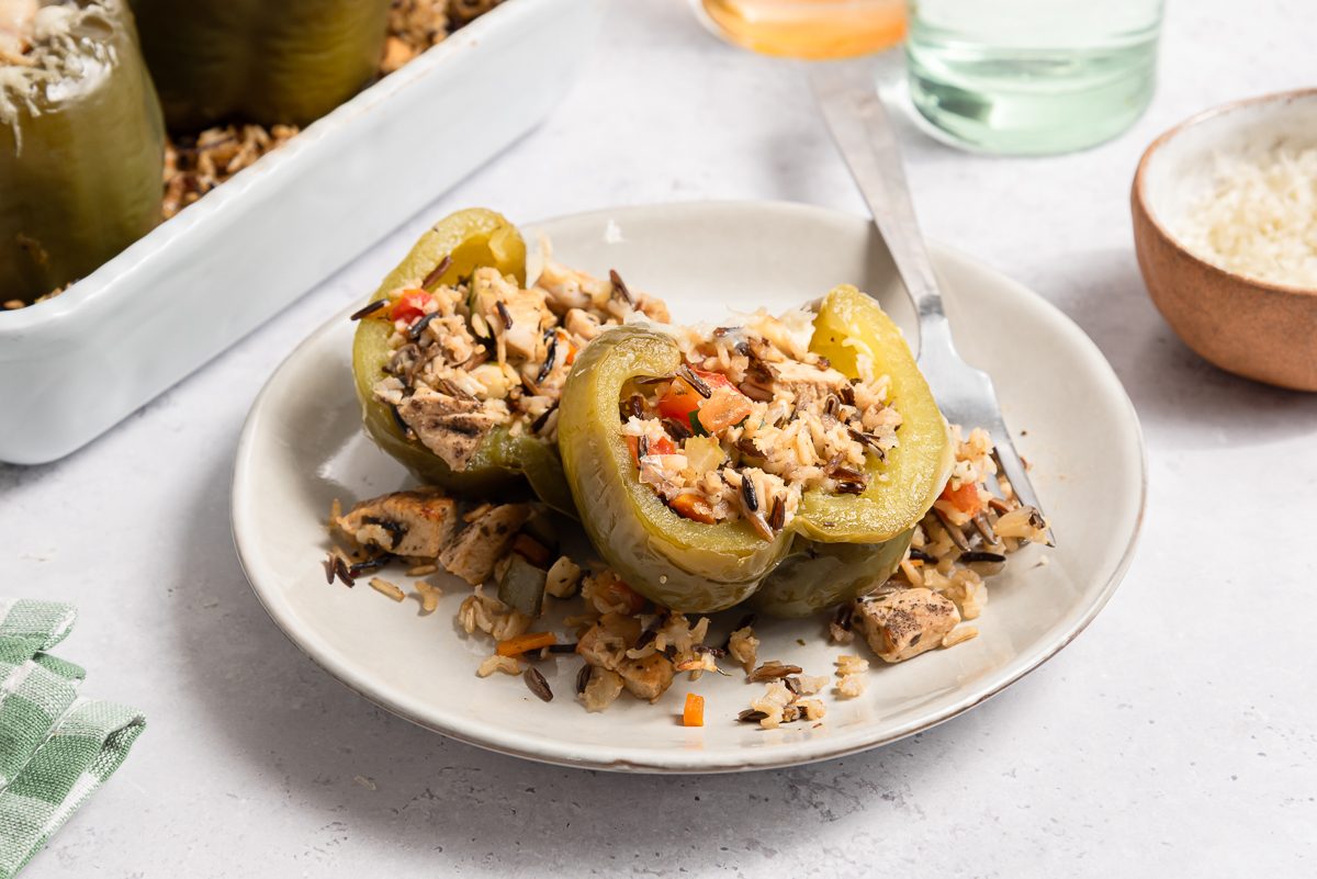 Closeup Of Cut Into Chicken Stuffed Peppers