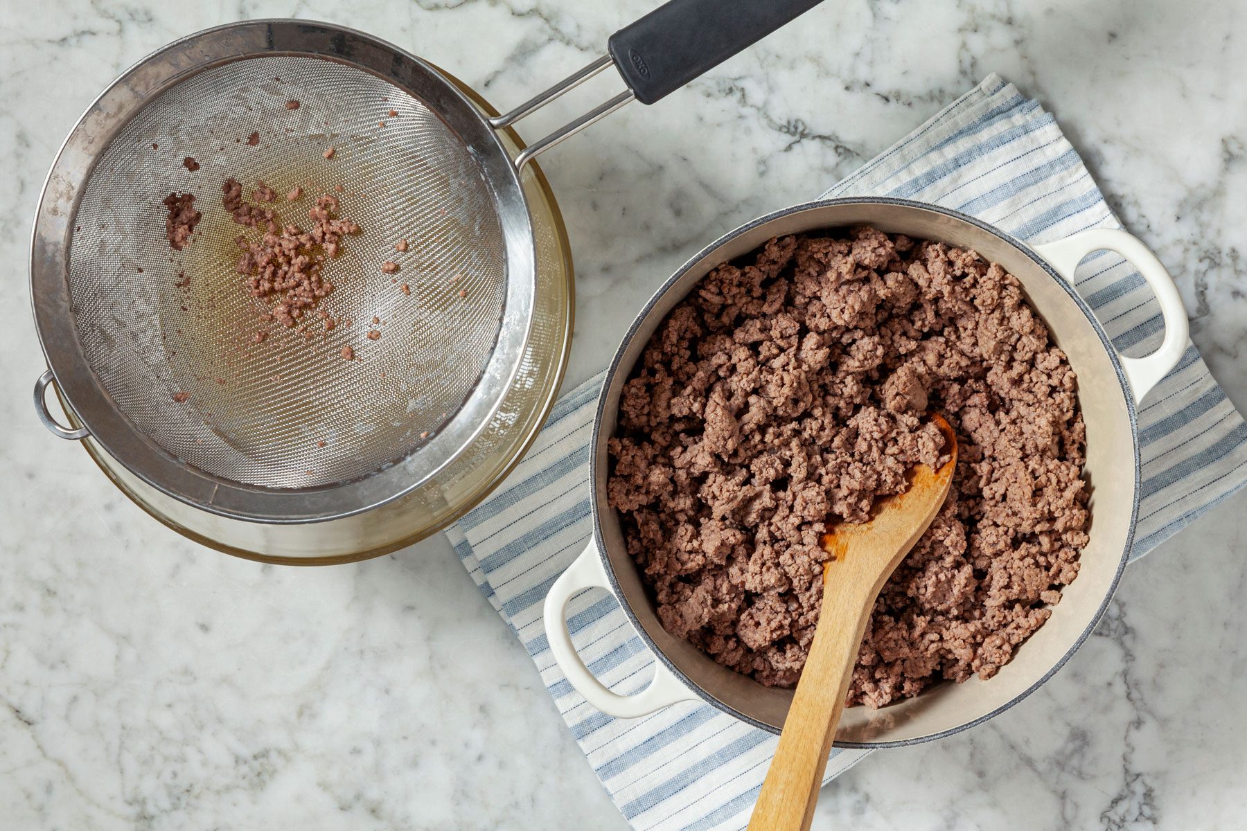 Cooked beef in a dutch oven.