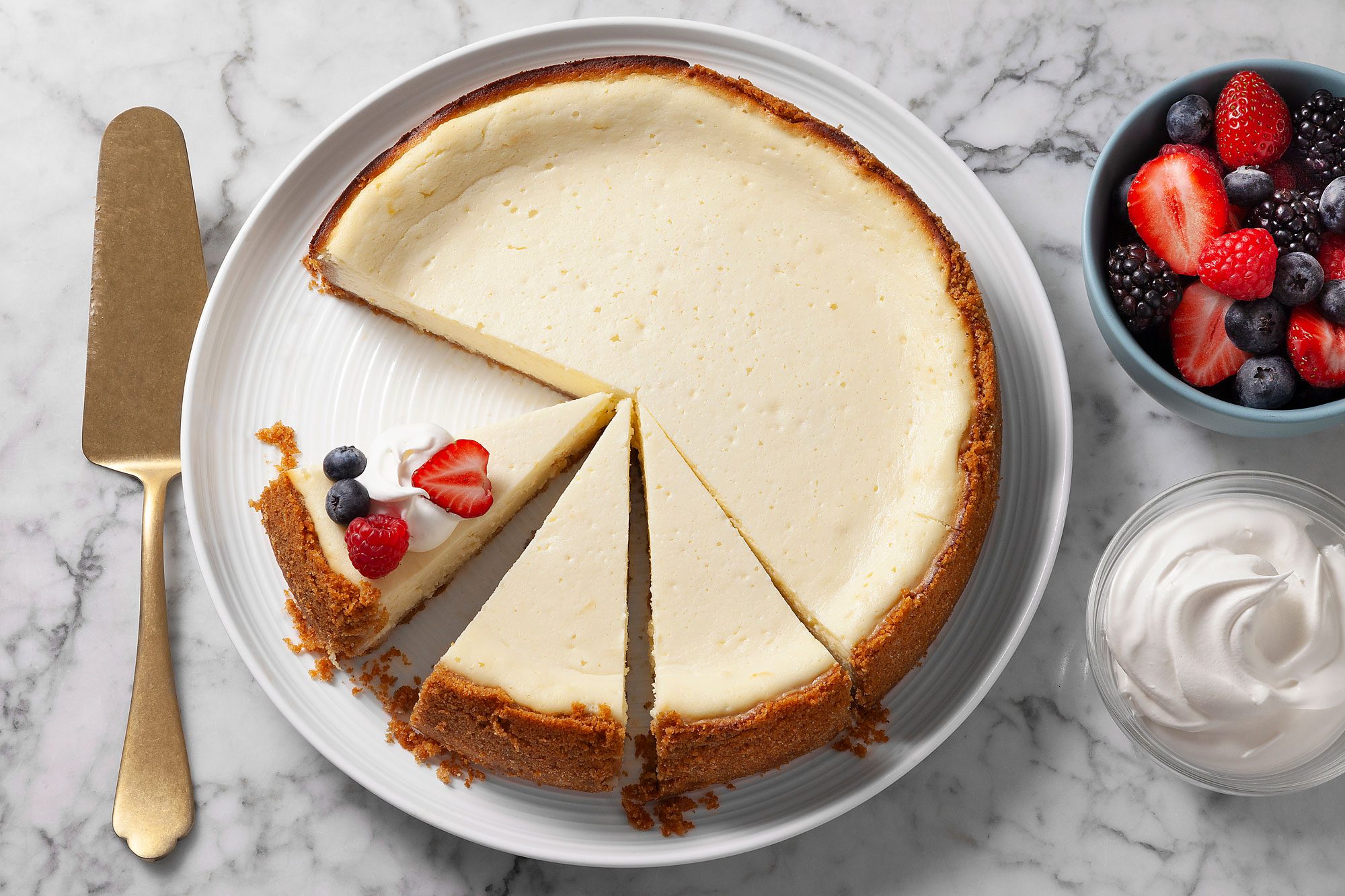 3/4th shot of cottage cheese cheescake topped with mixed berries