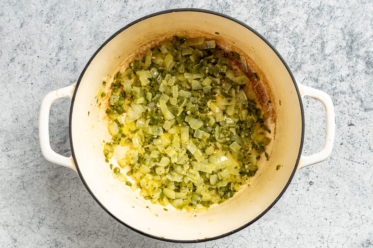 Taste of Home Cream of Jalapeno Soup photo of the sauteed onion, jalapeno, garlic and spices.