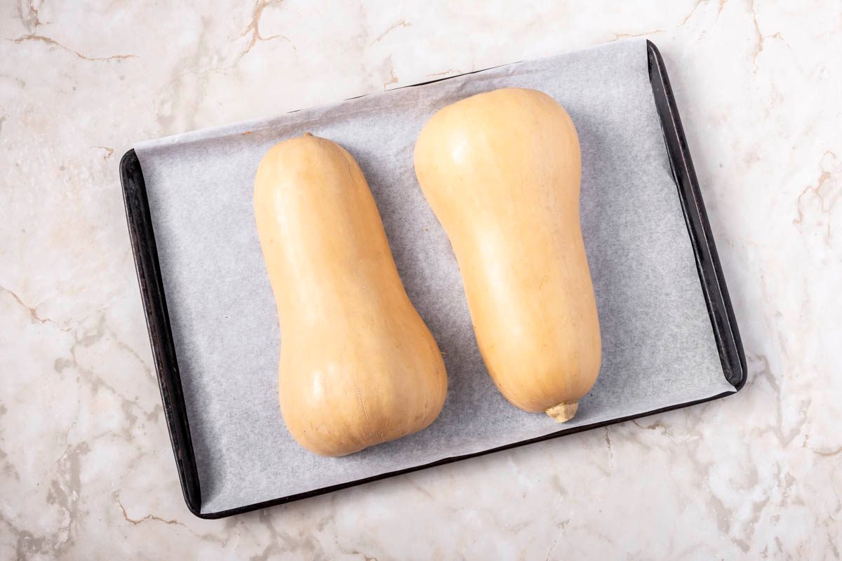 roasted squash on pan for Curried Butternut Squash Soup overhead