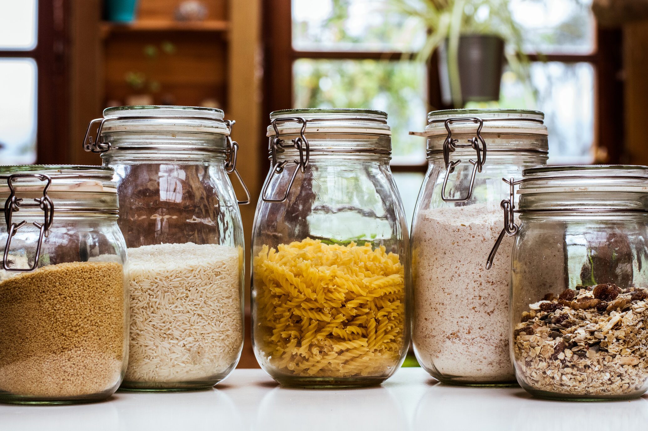glass jars with ingredients in the rustic kitchen