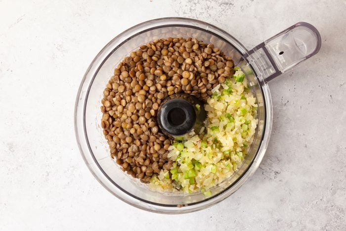 Step 3 of Taste of Home Lentil Meatballs is to pulse lentils and vegies ingredients in a food processor