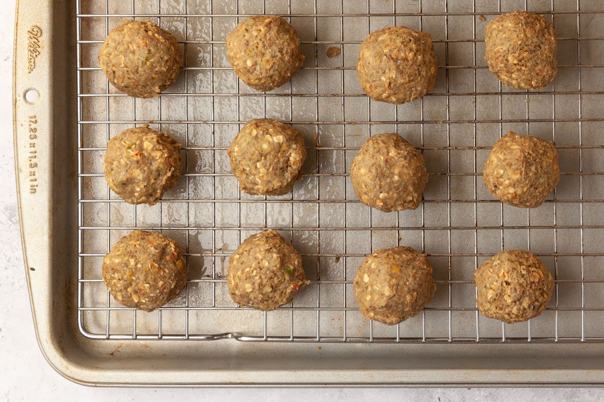 Step 5 of Taste of Home Lentil Meatballs is to shape into one and one half inch balls and placed on tray
