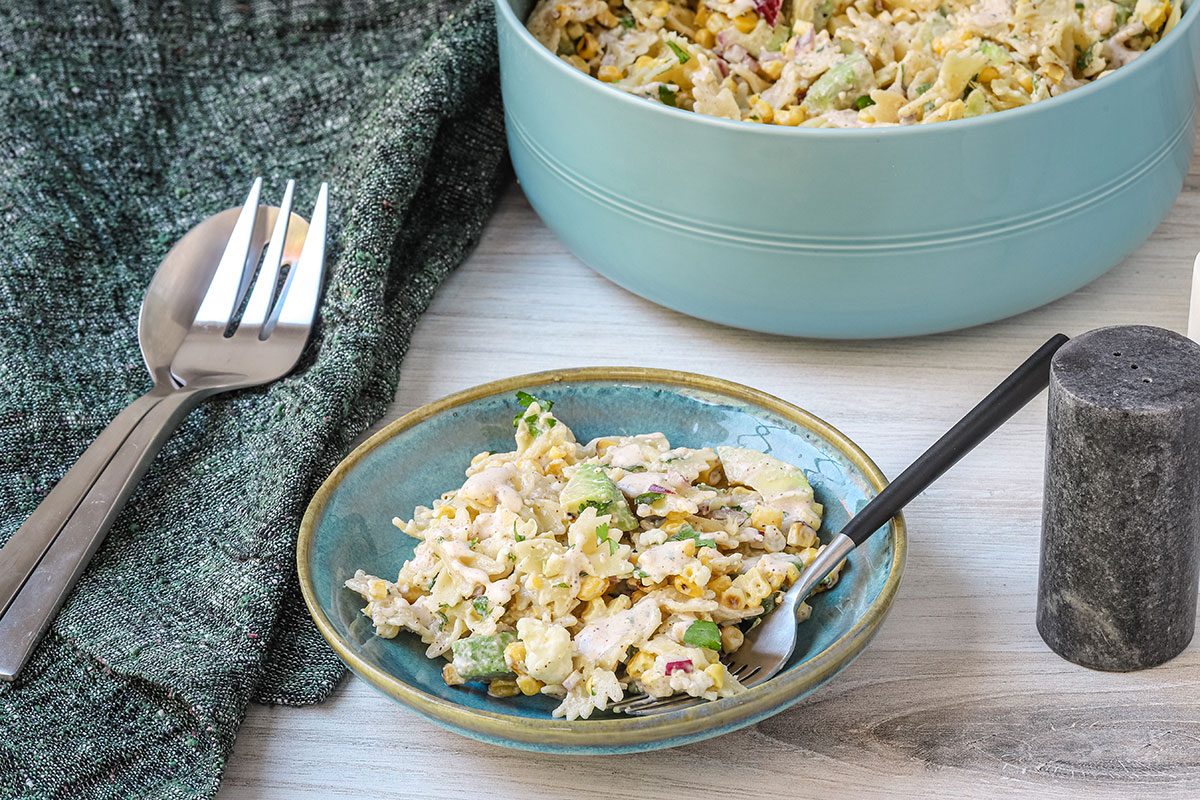 A serving of Mexican street corn pasta salad.