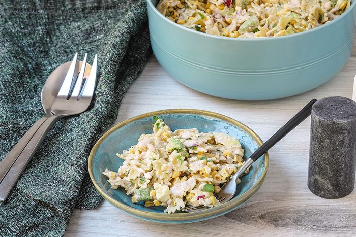 A serving of Mexican street corn pasta salad.