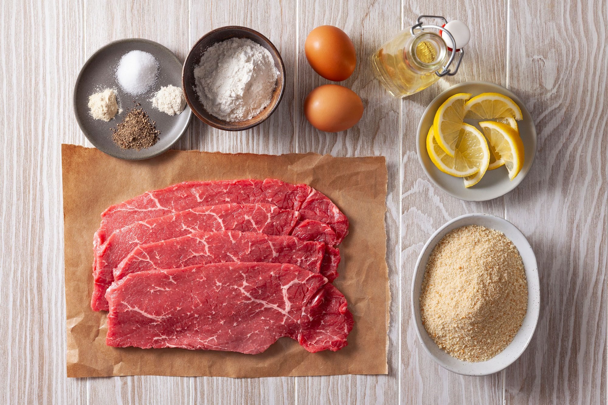 overhead shot of ingredients for Milanesa Steak;