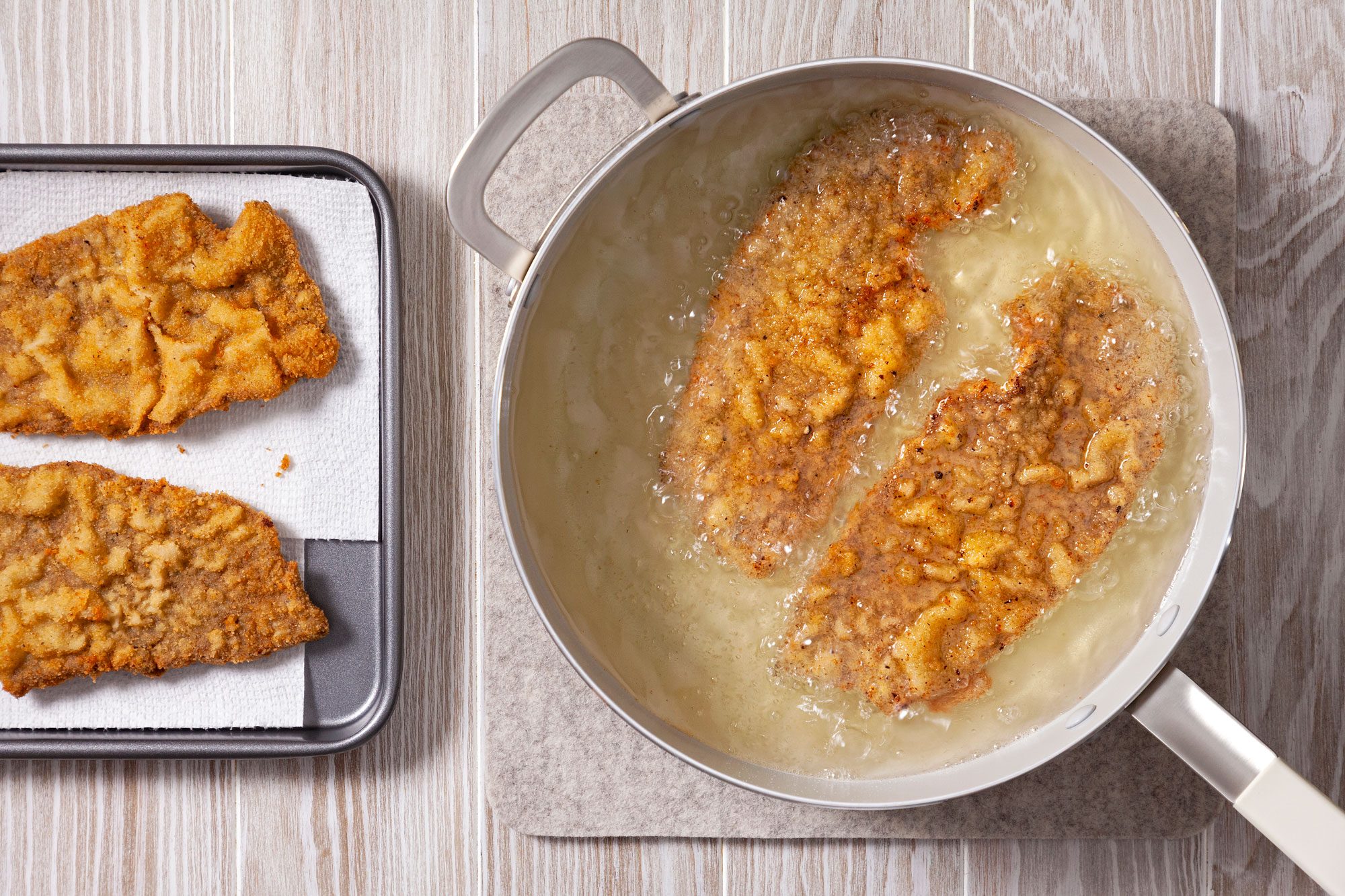 Fry steaks, a few at a time, until golden brown,