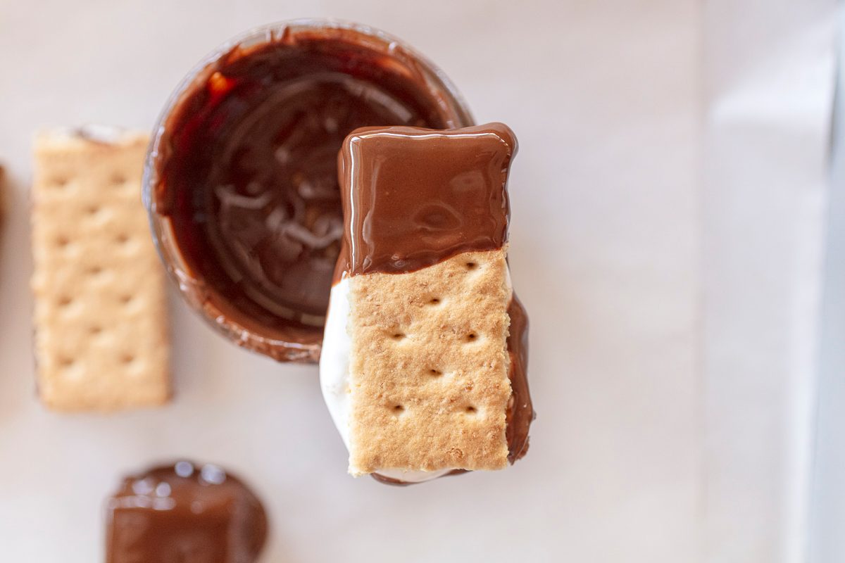 Mini S'mores graham crackers and marshmallow dipped in Chocolate