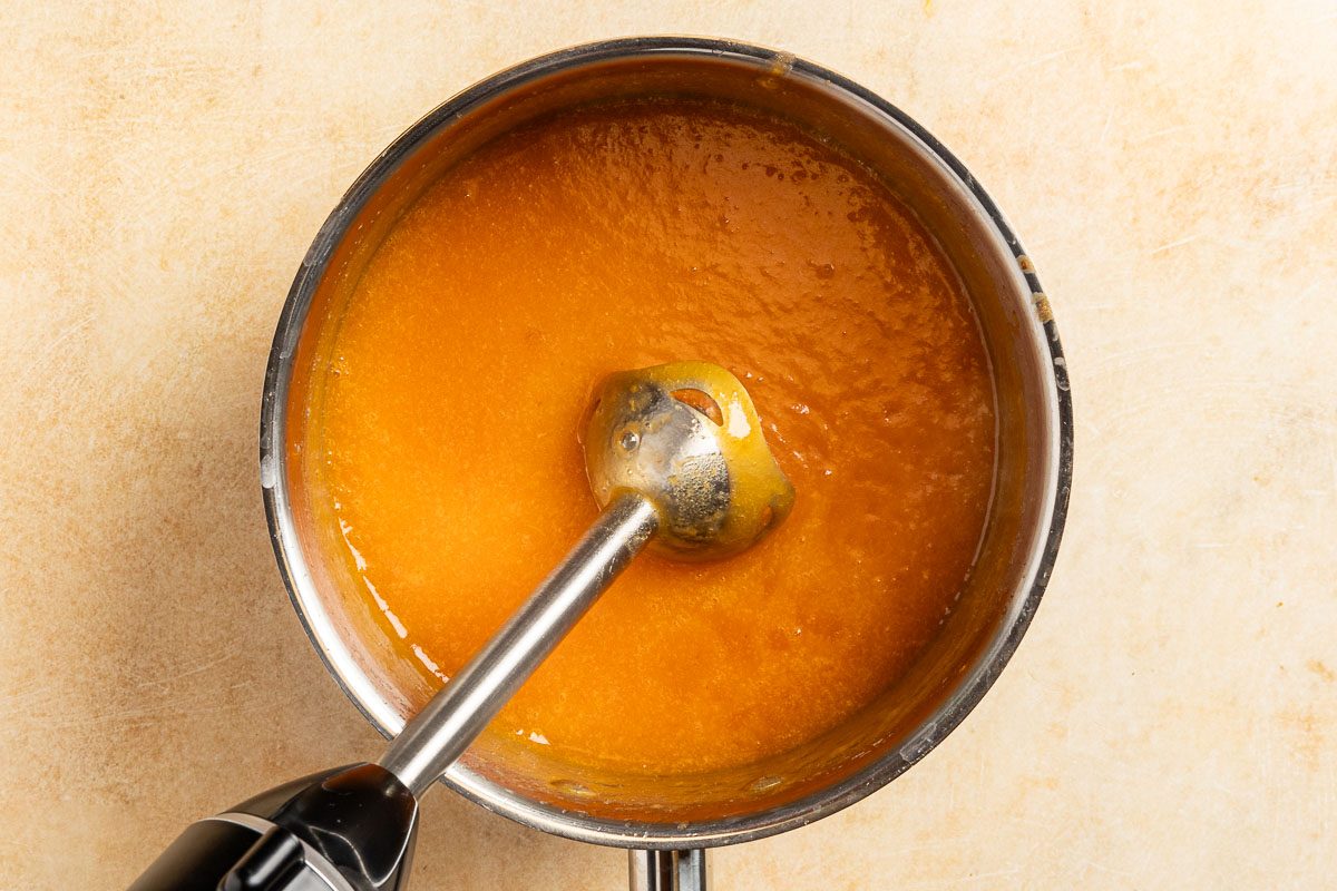 Taste of Home Peach Syrup photo of pureeing the peaches.