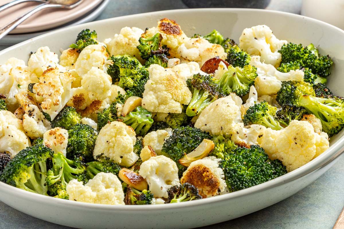 Taste of Home Roasted Broccoli and Cauliflower photo of the finished recipe on a serving platter.