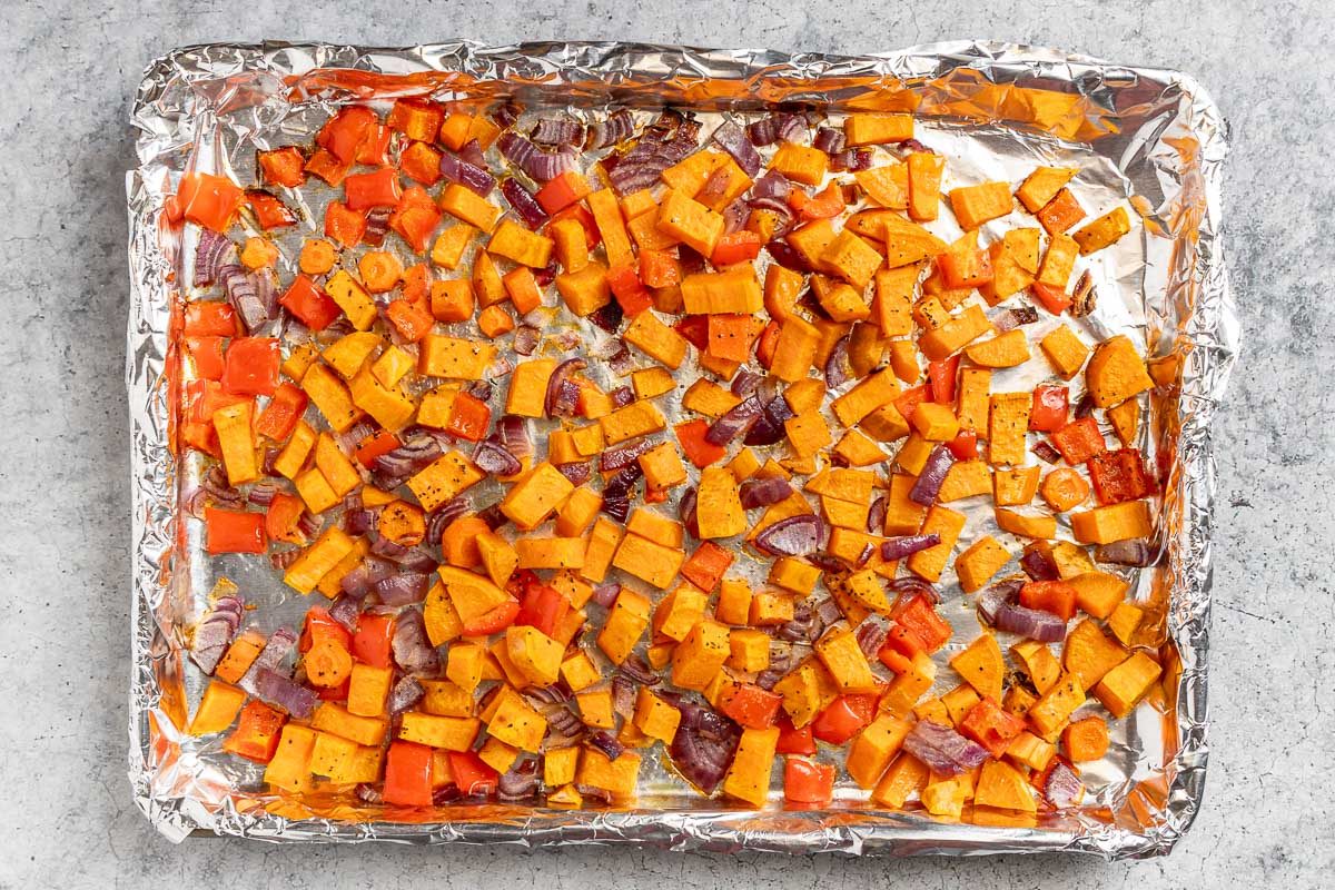 Taste of Home Roasted Vegetable Soup photo of the roasted veggies.