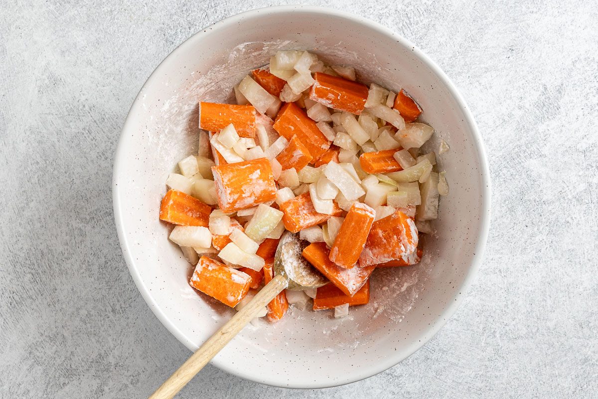 carrots and onions tossed in cornstarch.