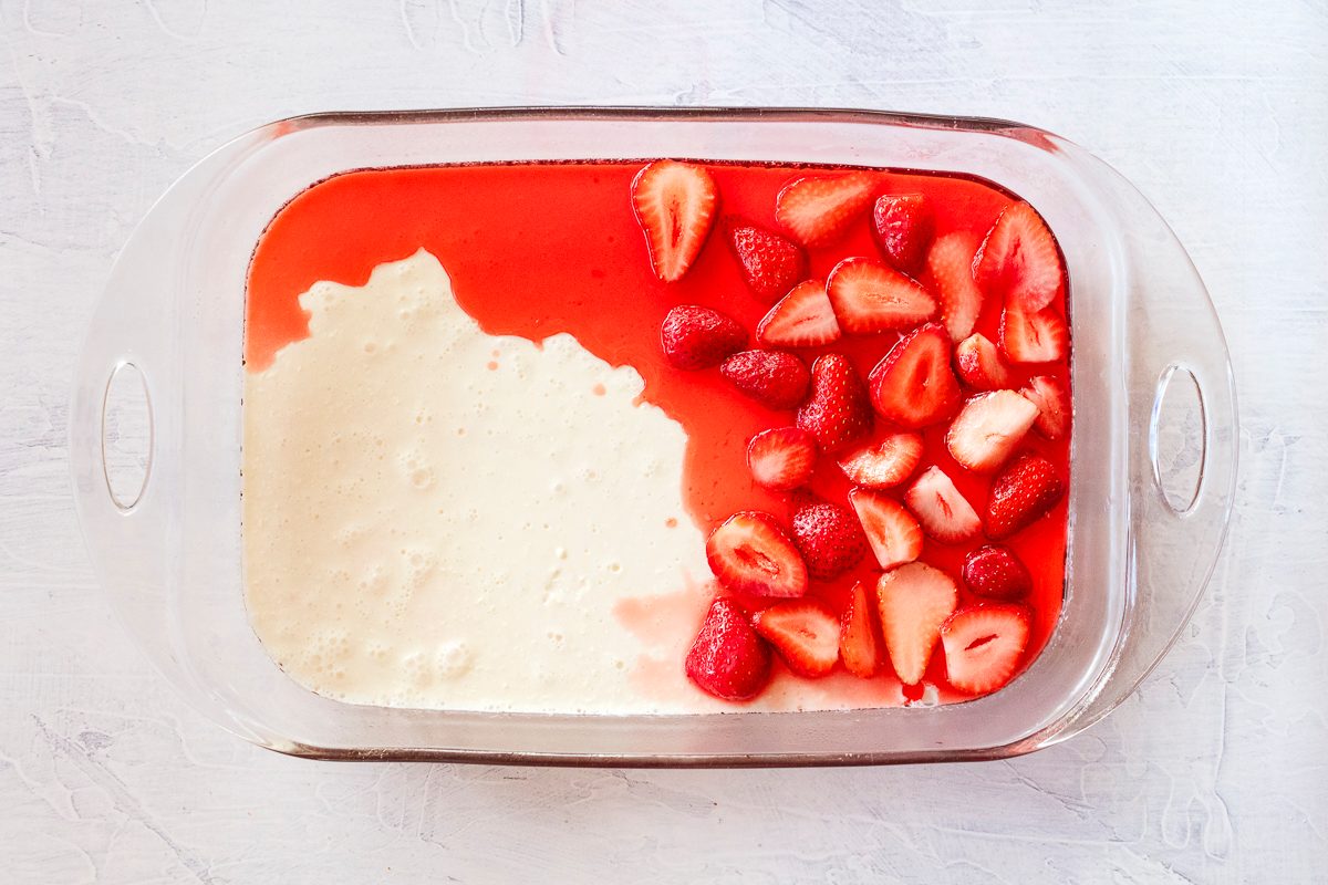 Strawberry Jello Salad With A Creamy White Layer In The Middle, Food Photography By Jackie Alpers For Taste Of Home