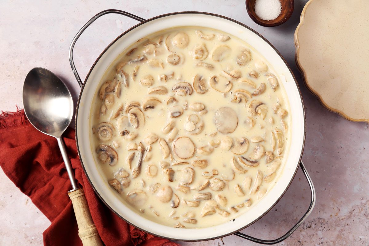 Close up of Taste of Home's Creamed Mushrooms served on brown plates on a grey surface.