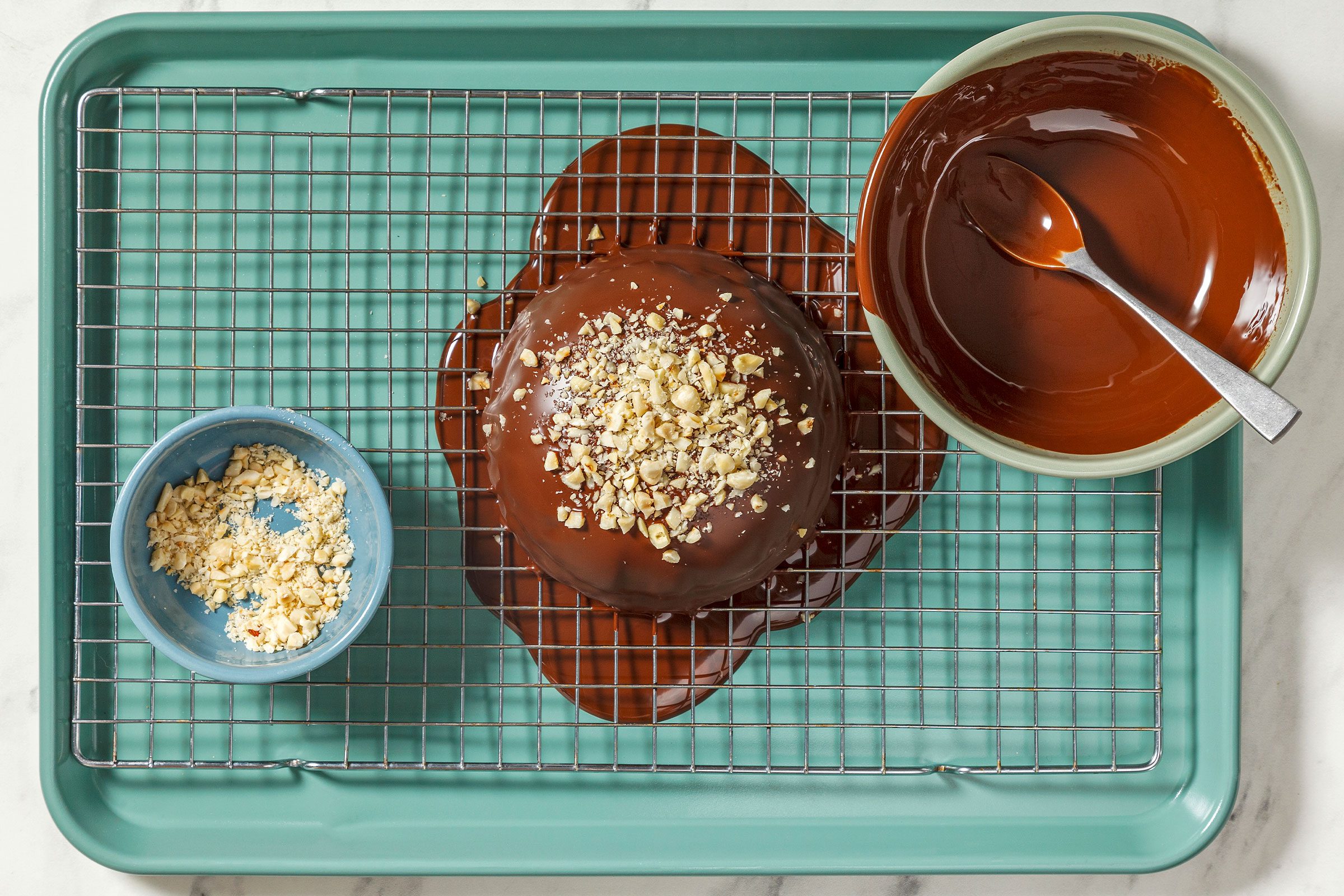 Molten chocolate sauce poured on Tartufo Ice Cream