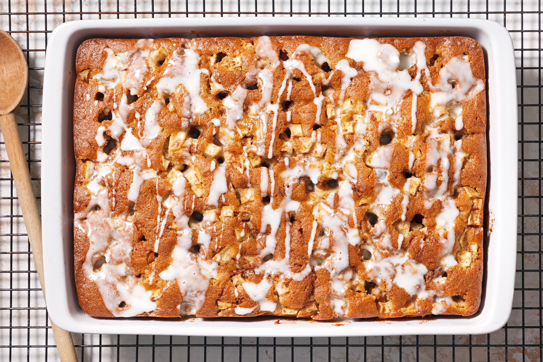 Pour glaze onto cake.