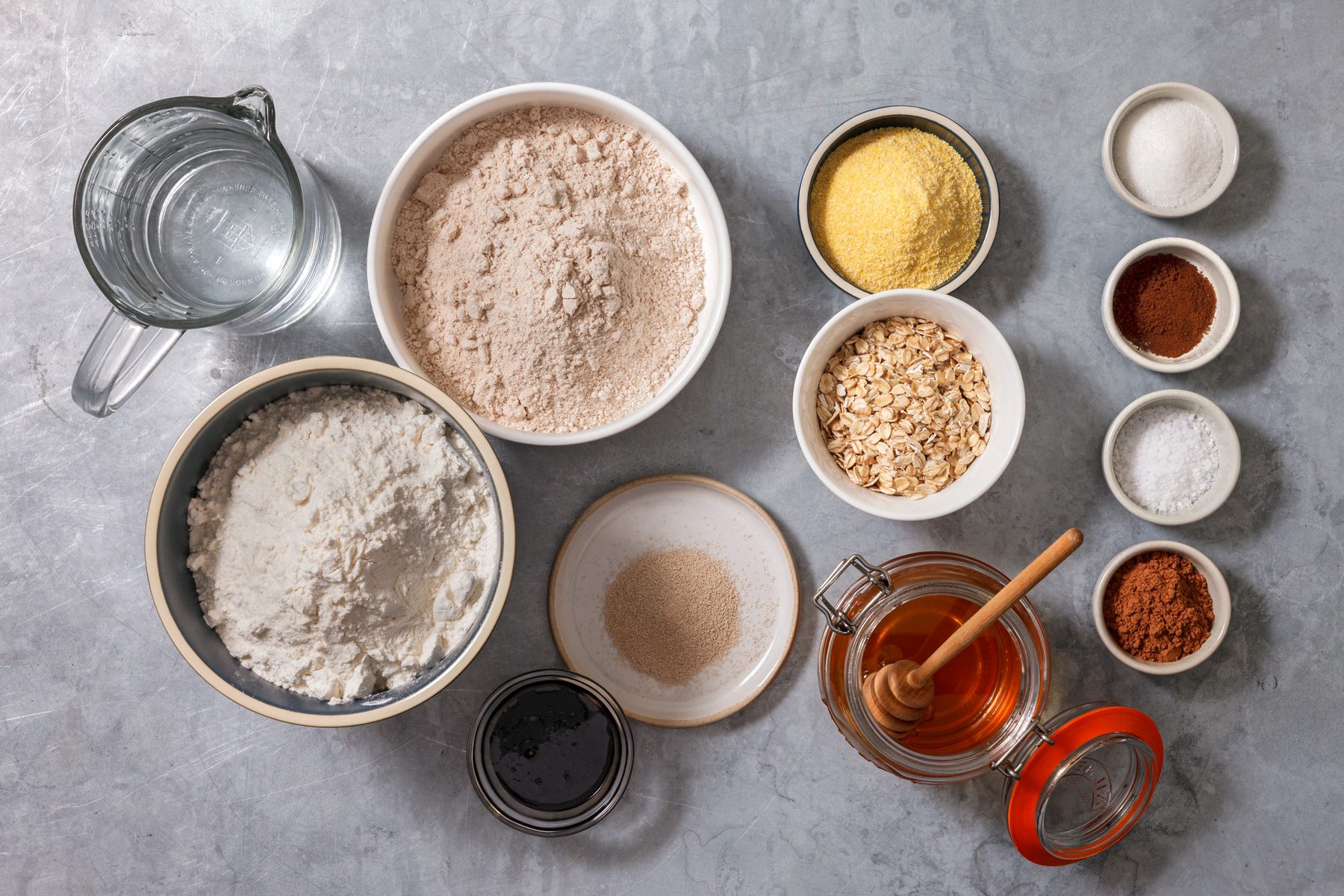 Overhead shot of all ingredients; grey surface;