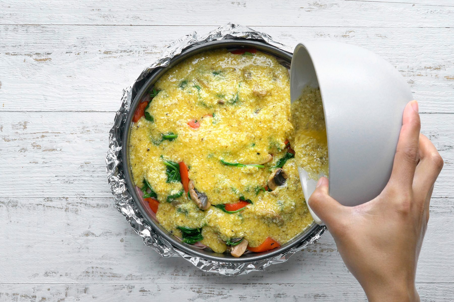 top with remaining egg mixture.