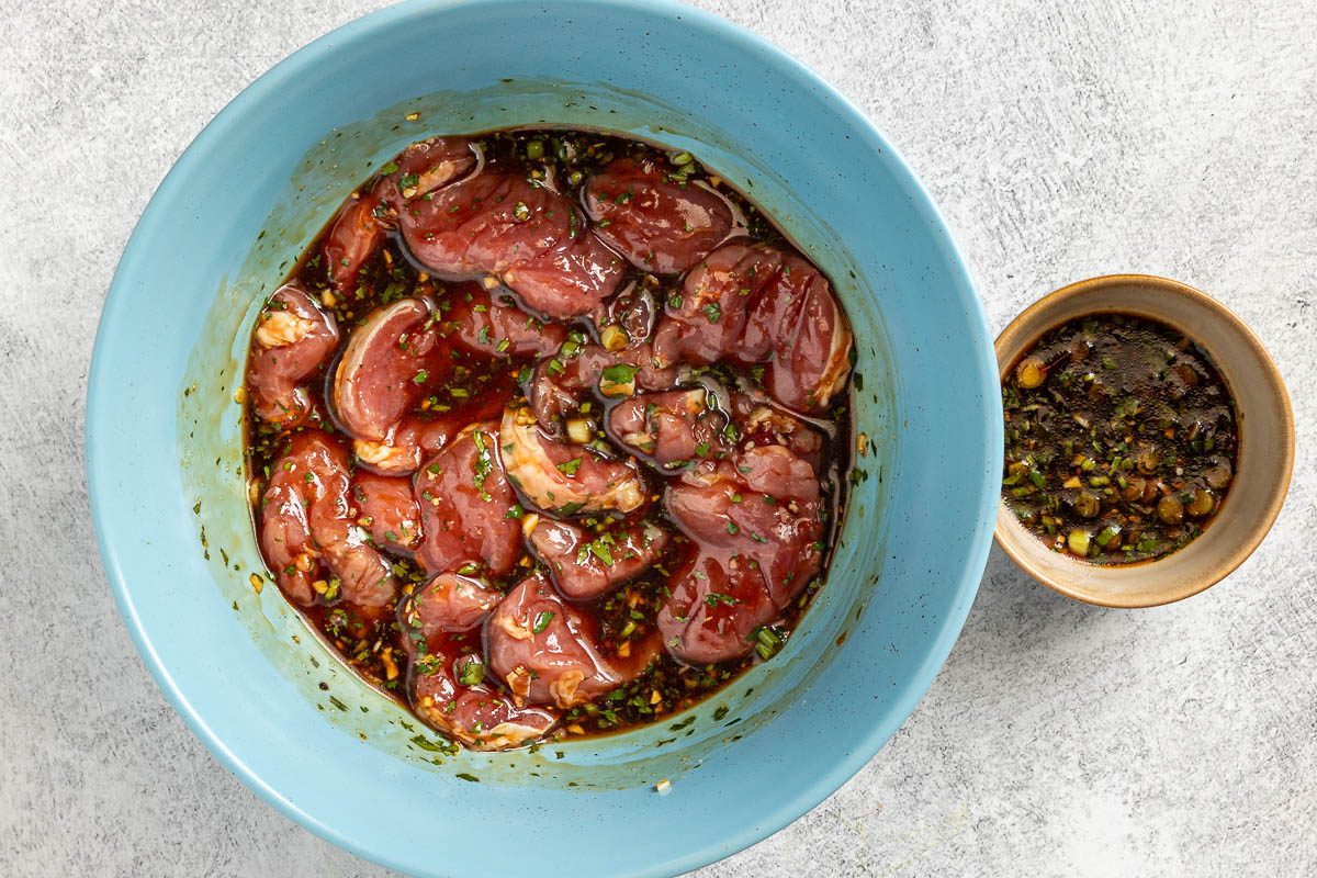 Taste of Home Pork Satay recipe photo of the pork tenderloin in the marinade.