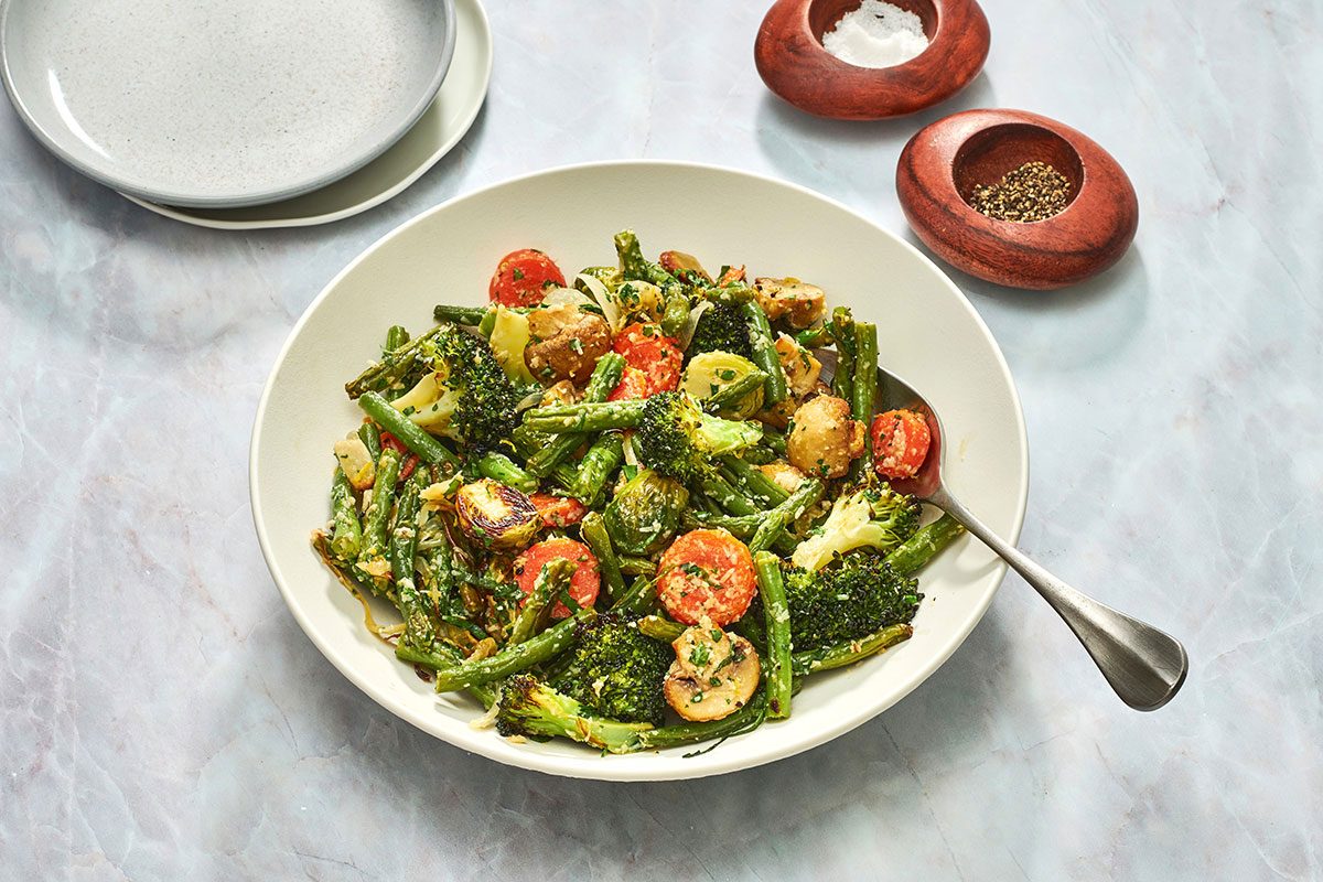 Roasted Green Vegetable Medley served in a large serving bowl 