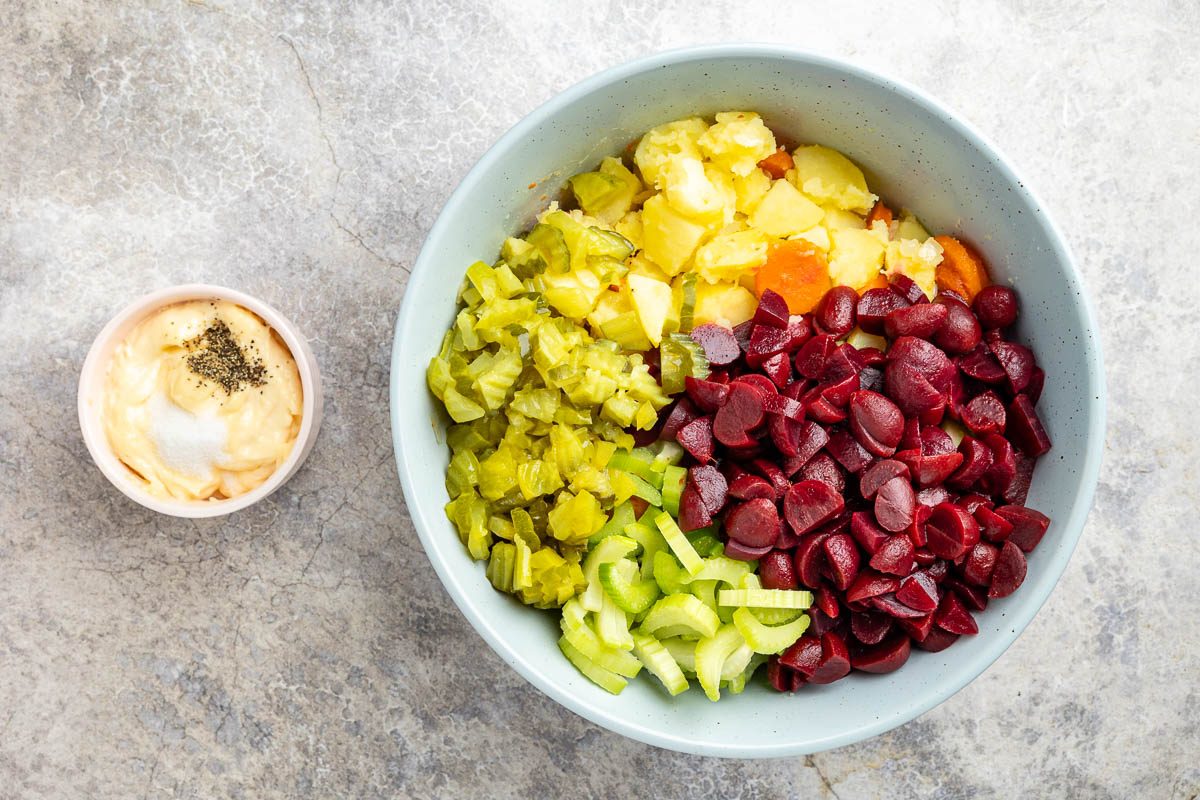 Taste of Home Russian Potato Salad recipe photo of all the ingredients combined.