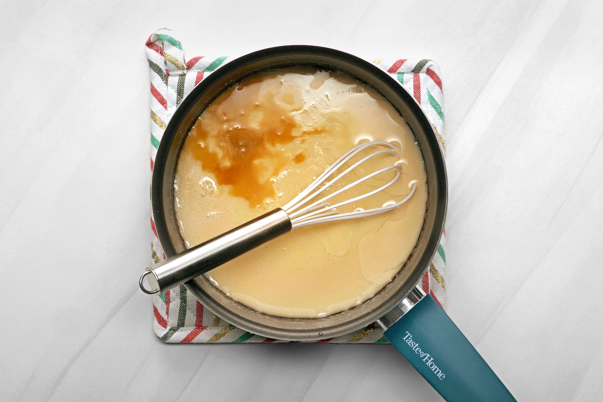 Remove the saucepan from the heat, then stir in the milk, vanilla and cinnamon